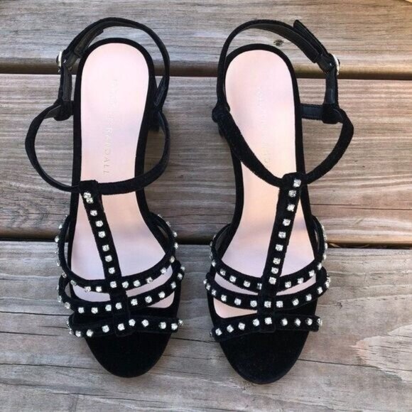 LOEFFLER RANDALL Elena Crystal-Embellished Sandals Heels Black Velvet Size 6 - Picture 2 of 7